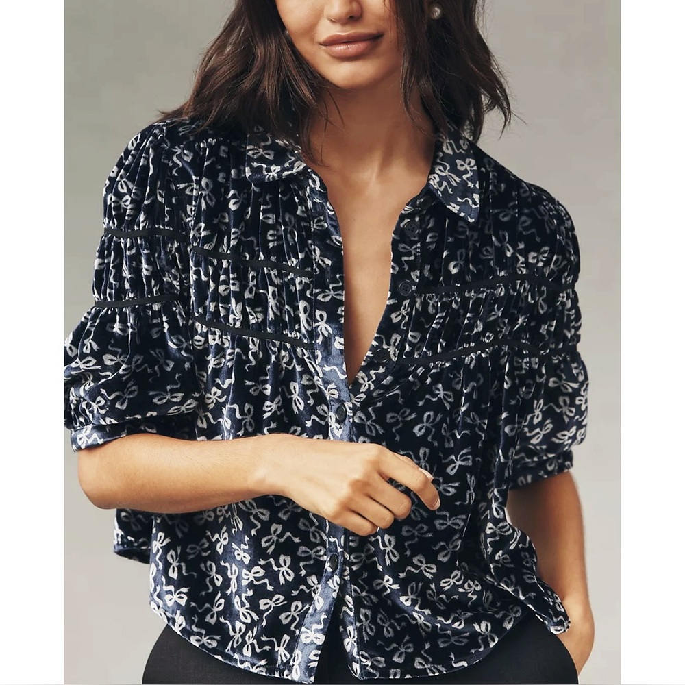 Anthropologie - The Leandra Velvet Shirred Yoke Blouse by Maeve